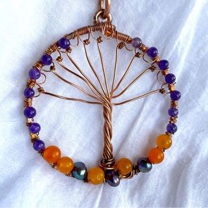 Tree of Life Necklace Large Copper Beaded Amethyst Orange Jade Handmade‎